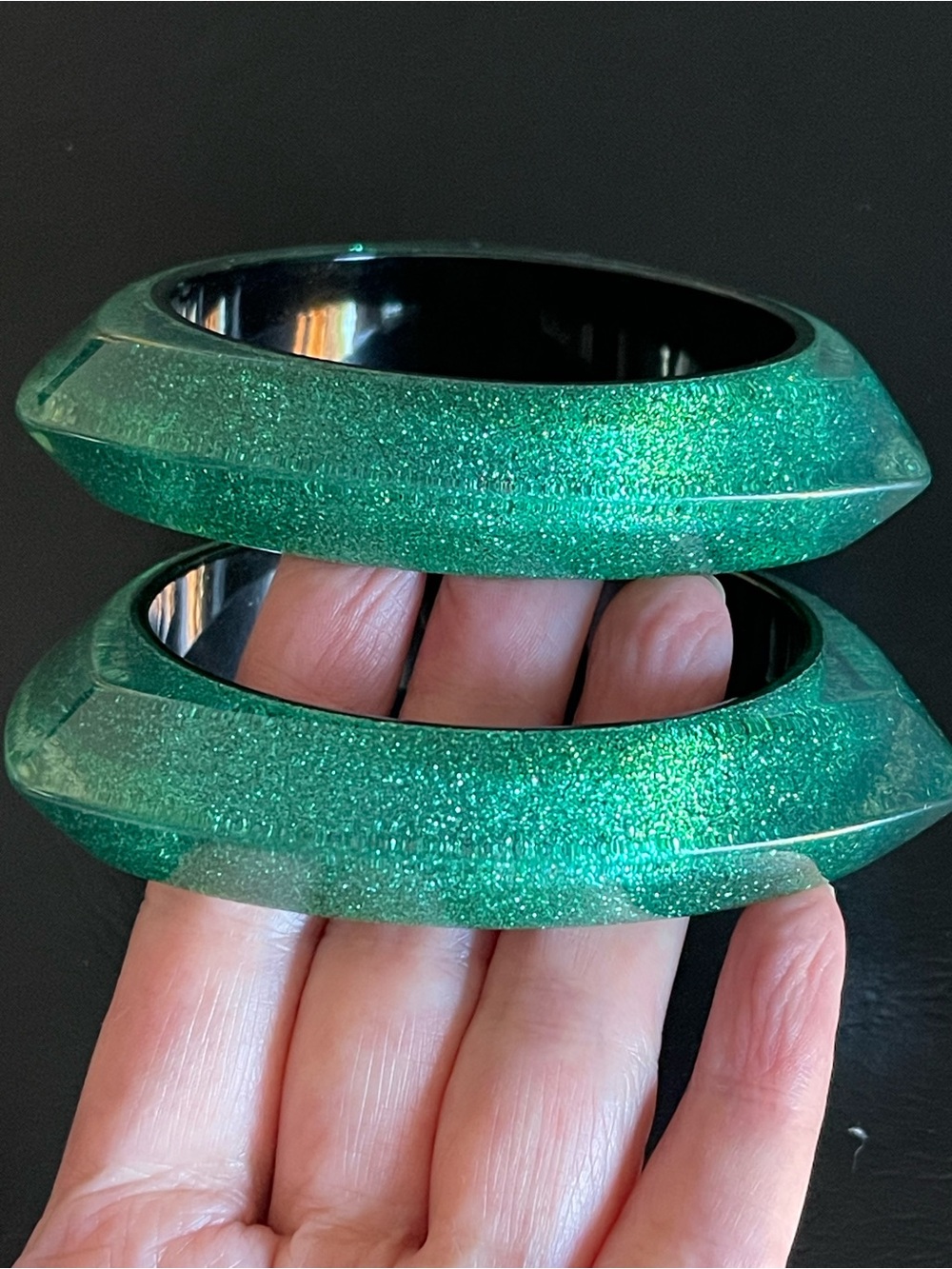 Set of two Vintage Green Glitter lucite Bangle Bracelet Set.